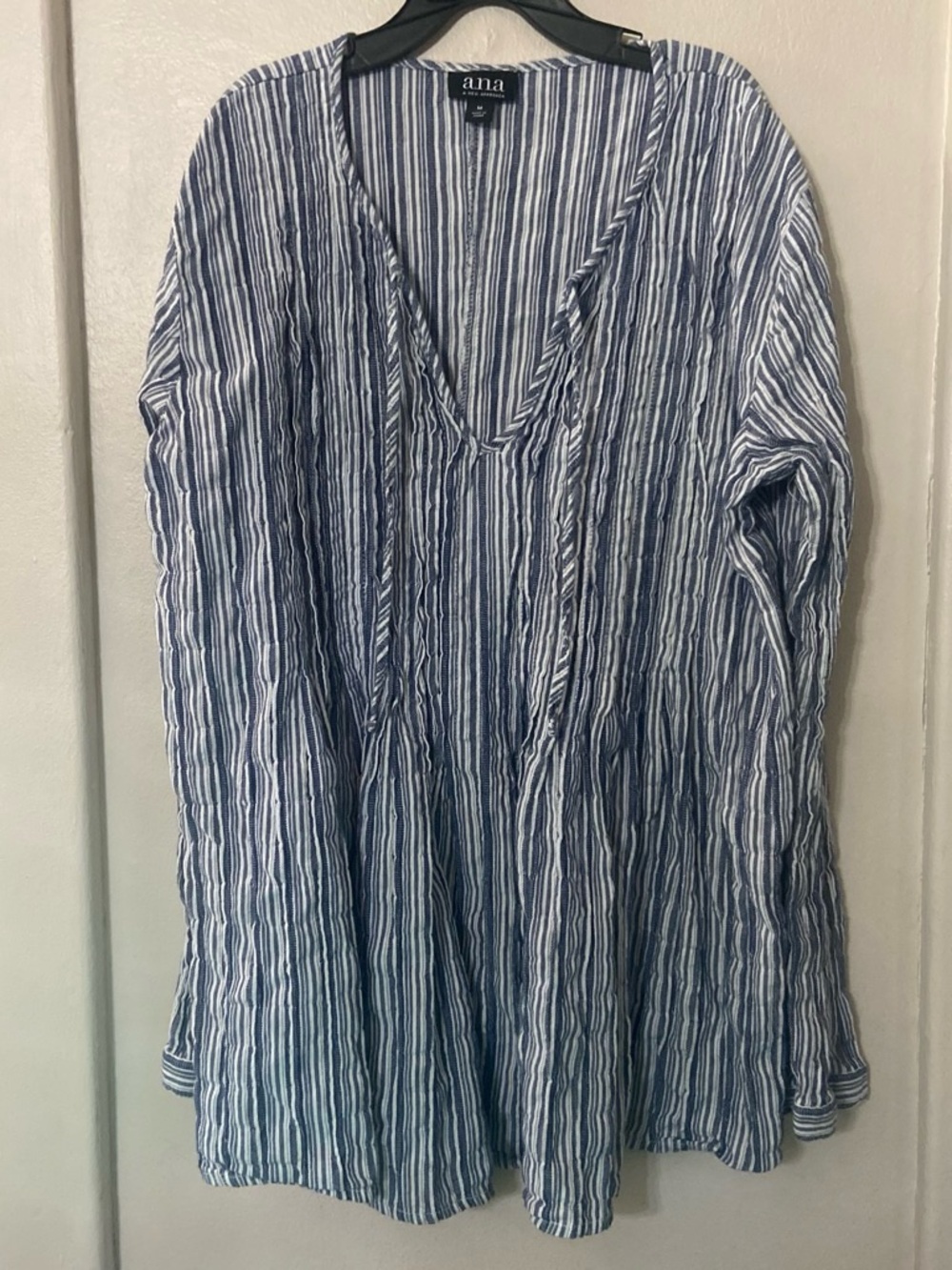 a.n.a Blue & White Vertical Stripe V-Neck Tunic Blouse